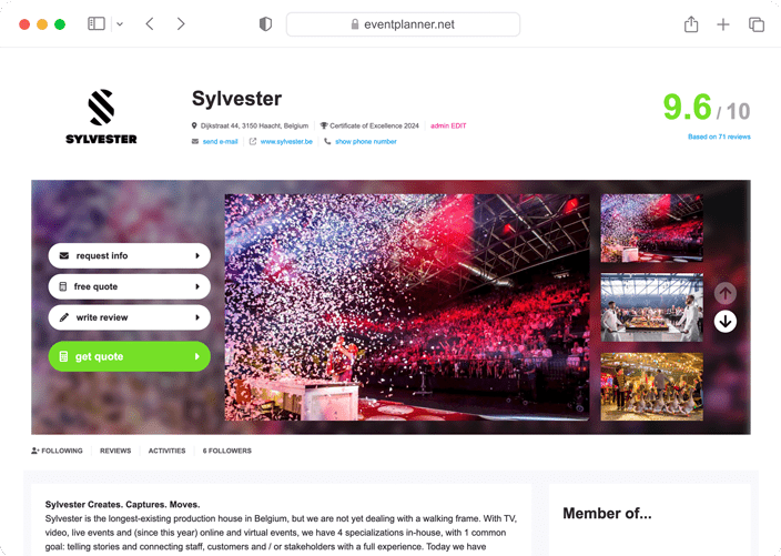 Capture d'écran d'une page d'entreprise sur eventplanner.net