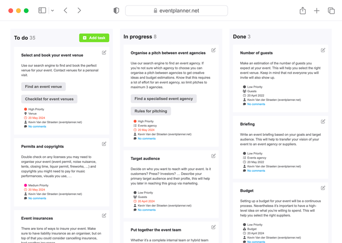 Capture d'écran du logiciel événementiel eventplanner.net.