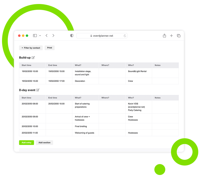 Capture d'écran de la fonctionnalité Feuilles d'appel d'eventplanner.net.
