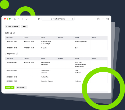 Capture d'écran d'un aperçu d'événement créé avec le logiciel d'événements eventplanner.net.