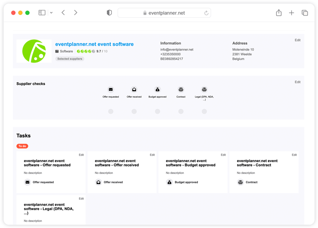 Interface fournisseurs affichant le tableau de bord pour gérer un fournisseur ou un lieu d'événement.