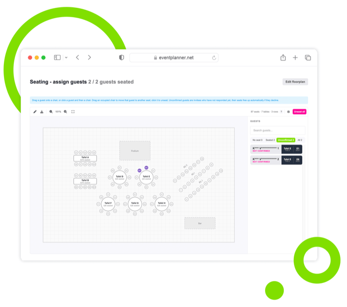 Capture d'écran du concepteur de plan de salle d'eventplanner.net avec tables et places.