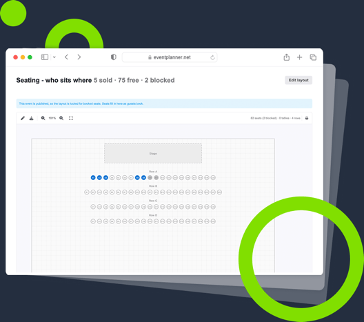 Capture d'écran d'un plan de salle finalisé dans le logiciel événementiel eventplanner.net.