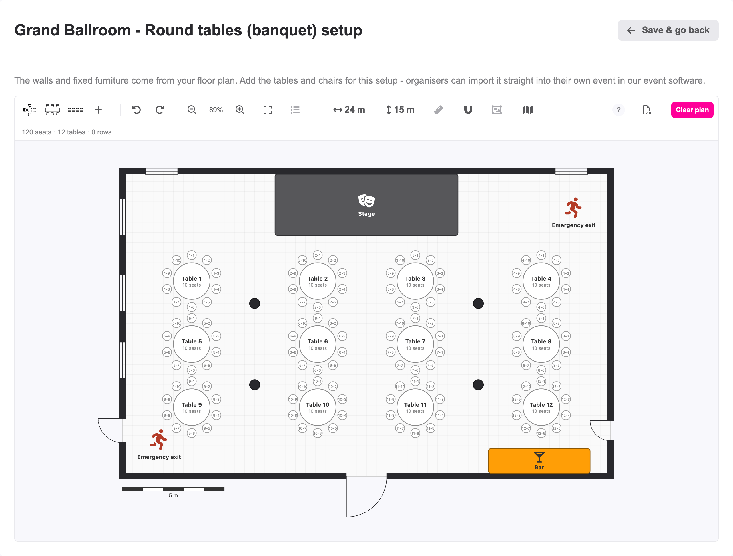 La configuration en tables rondes : les tables dessinées par-dessus le plan de salle